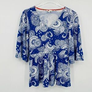 Boden Size 2 Blue & White Paisley Floral Print V Neck Bell Sleeve Knit Top